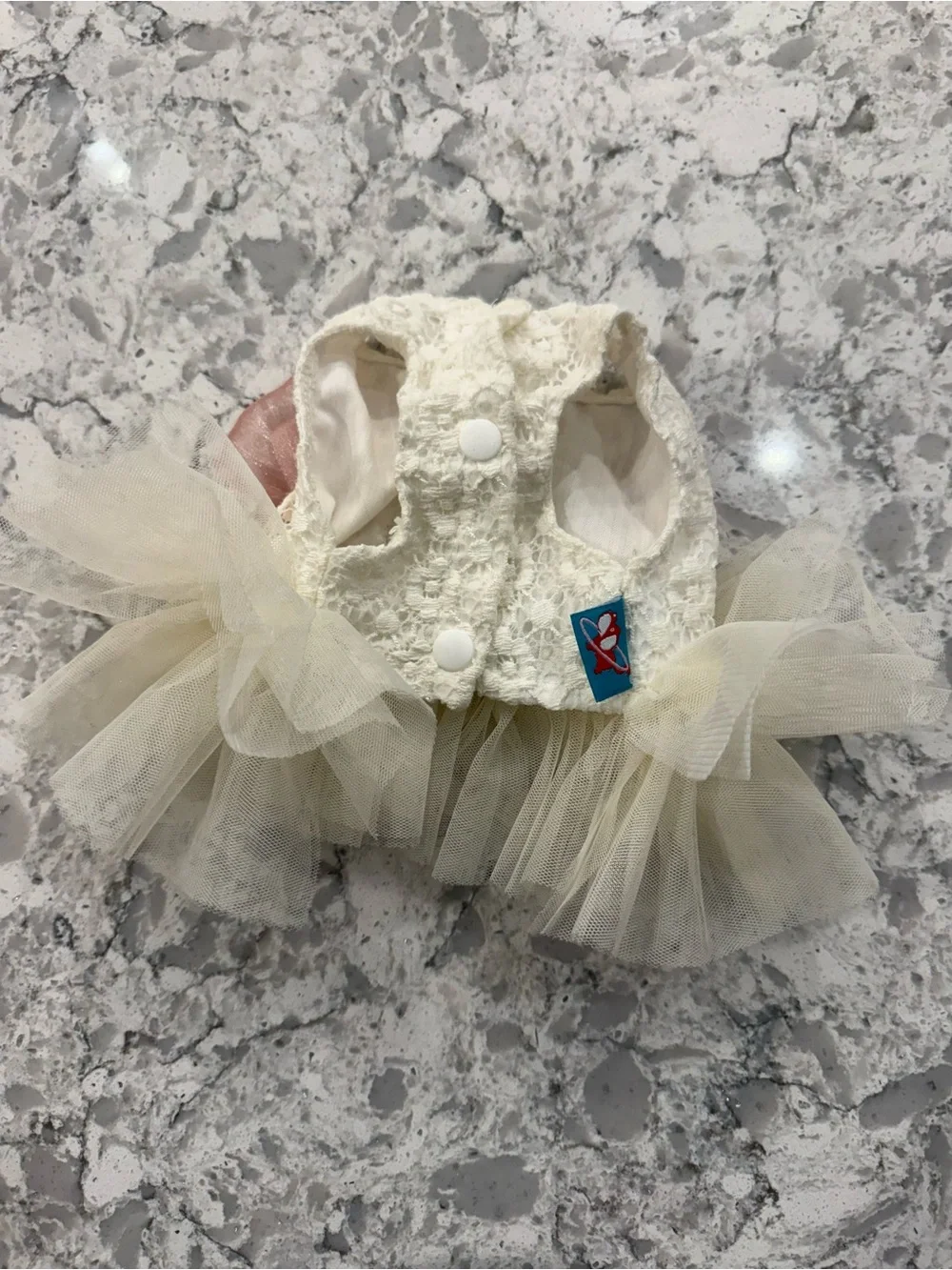 Ivory Tulle Pet Dress with Pink Bow. XS